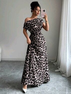 Off-Shoulder Leopard Print Maxi Dress in Taupe and Black